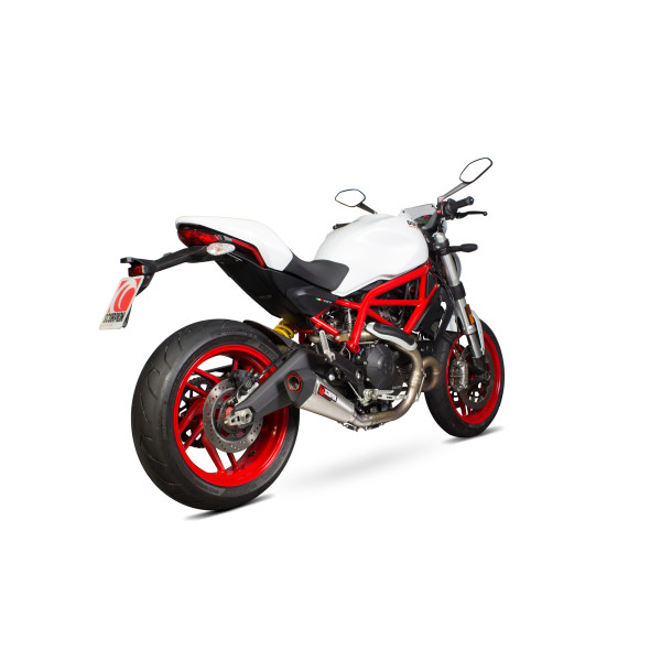 Scorpion Exhaust Ducati Monster 797 / 797 + 2017 - 2020 Serket Taper Slip-on. Removes Factory Catalyst. Brushed Stainless Steel Sleeve